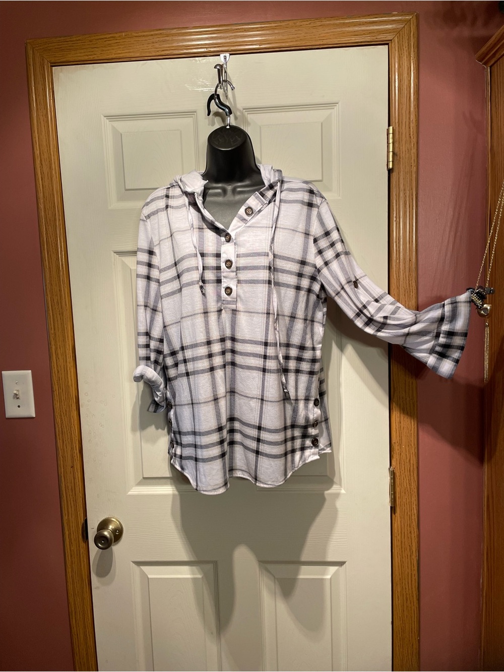 Eden & Olivia Black and White Plaid Henley Hoodie